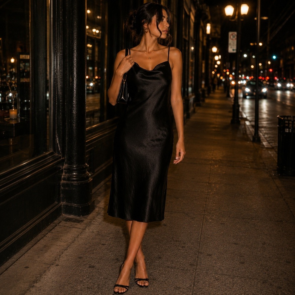 Babaton Black Model Midi Slip Dress Cowl Neck XL 90s minimalist